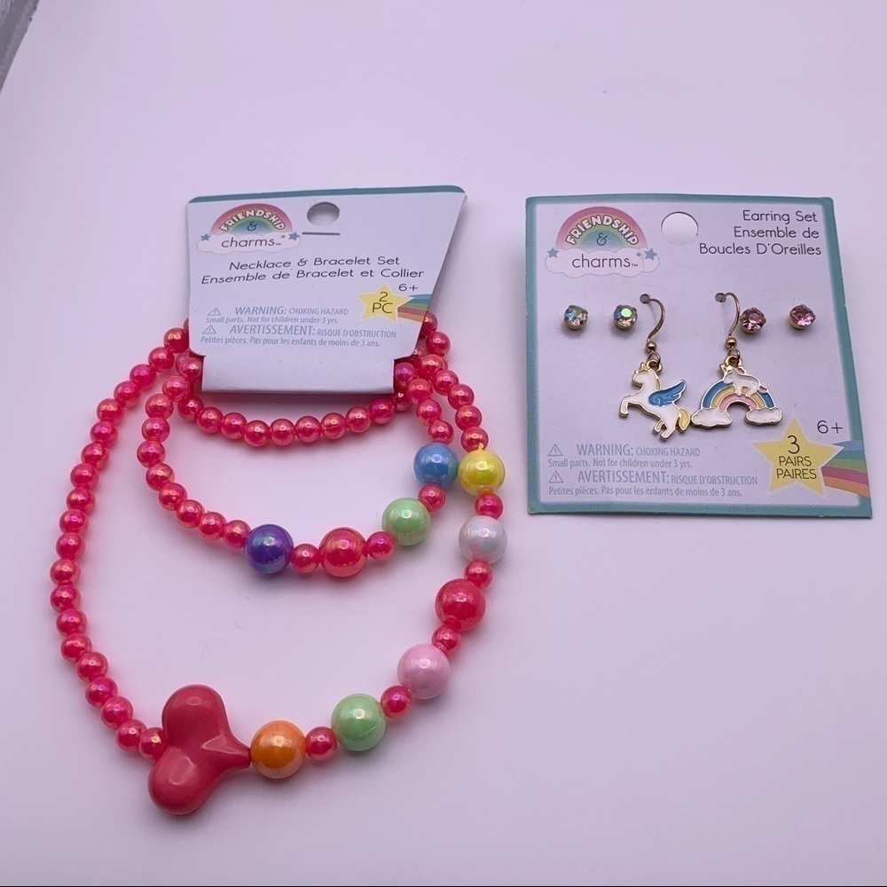 Girls Pink Unicorn Earrings, Necklace and Bracelet Set